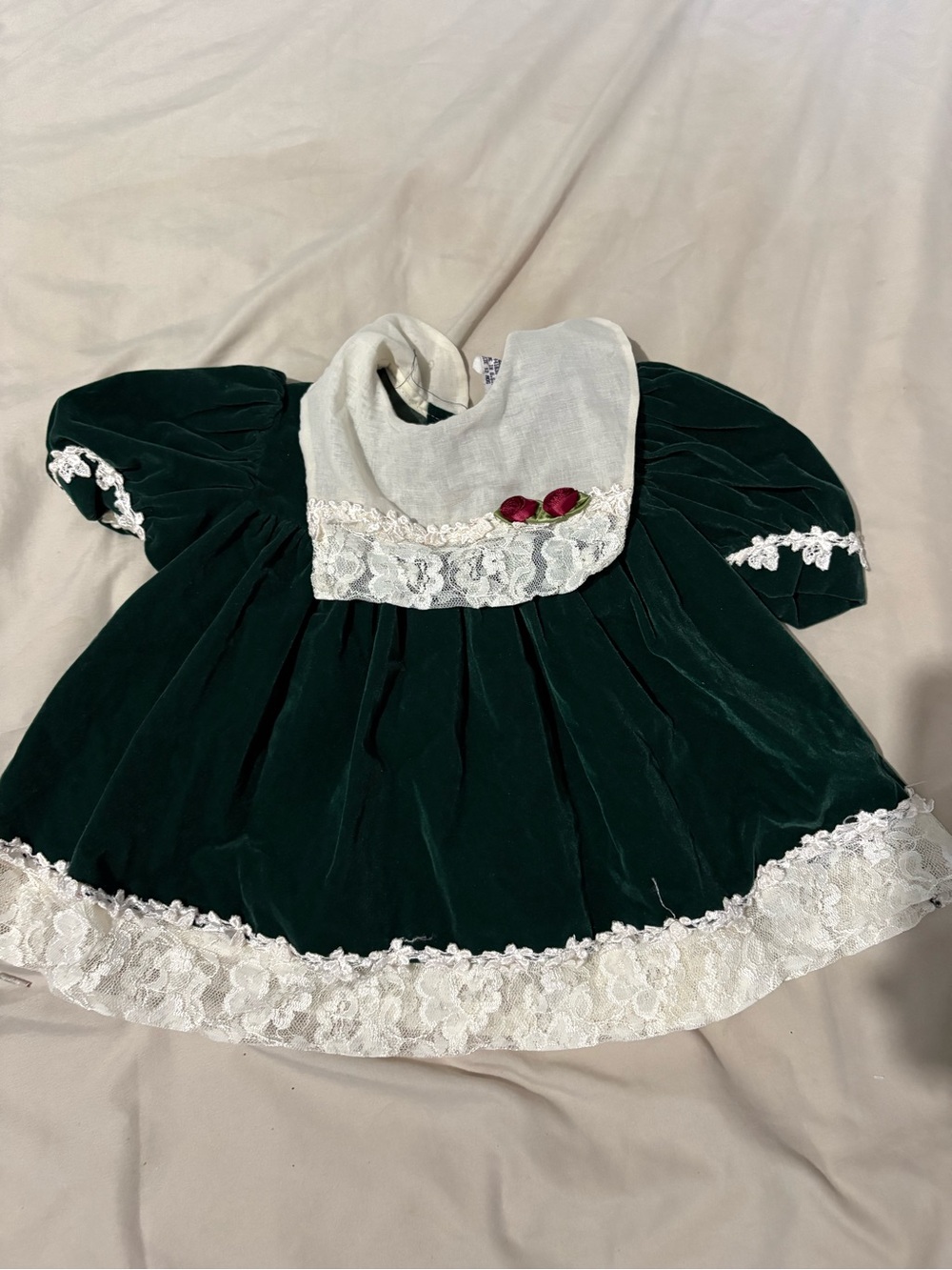 Emerald Velvet Lace Baby Dress with White Bib